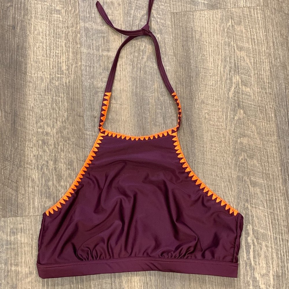 Seekers Australia Bikini Halter Swim Top Purple Orange Crochet Trim Womens Sz 12